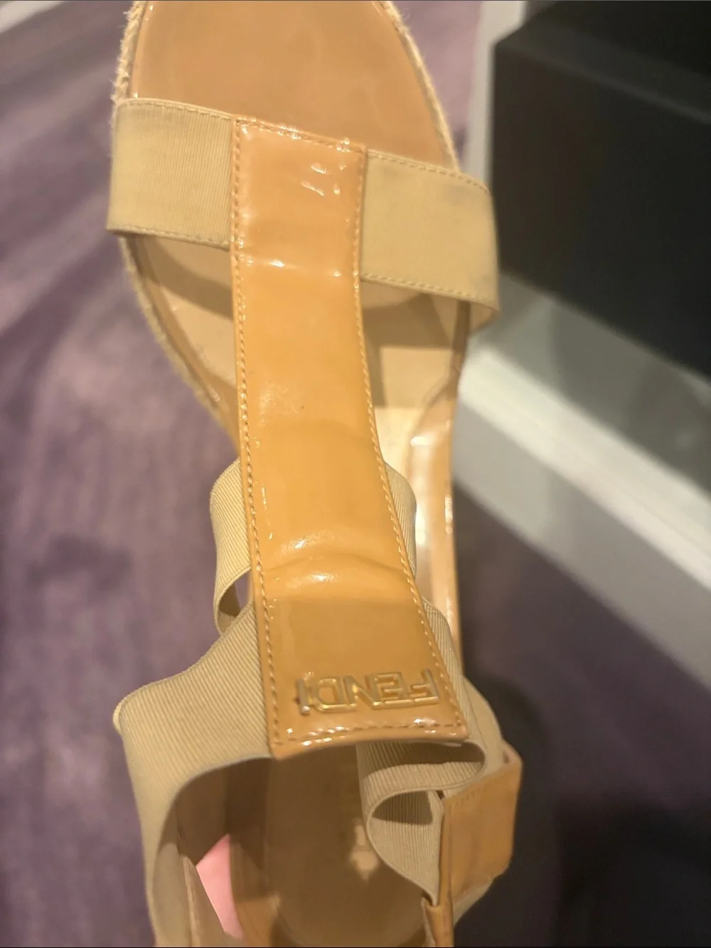 Fendi Beige/Tan Patent Leather Espadrille Wedge Sandals